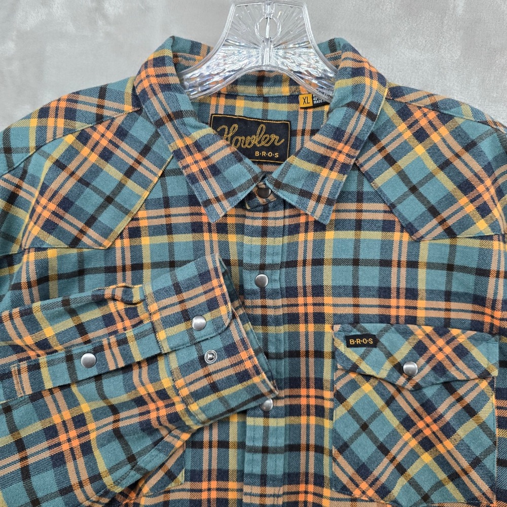 Howler Brothers Flannel Mens XL Teal Orange Plaid Western Flannel Shirt